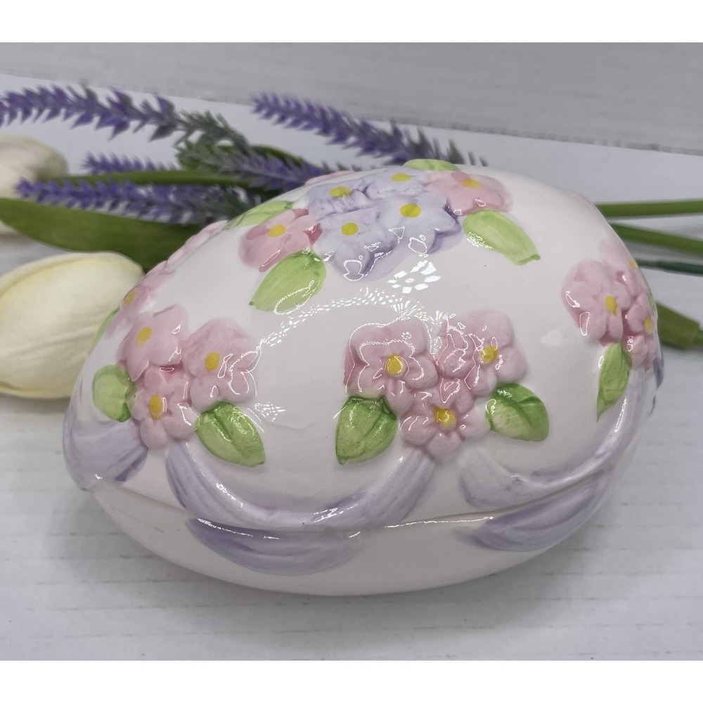 Trinket Ceramic Easter Egg Floral 4.75" Lidded Pink Purple Pastel Vintage Amscan